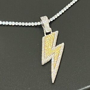 14K White Gold Plated Lightning Bolt w/ 18” 3mm Diamond Tennis Chain